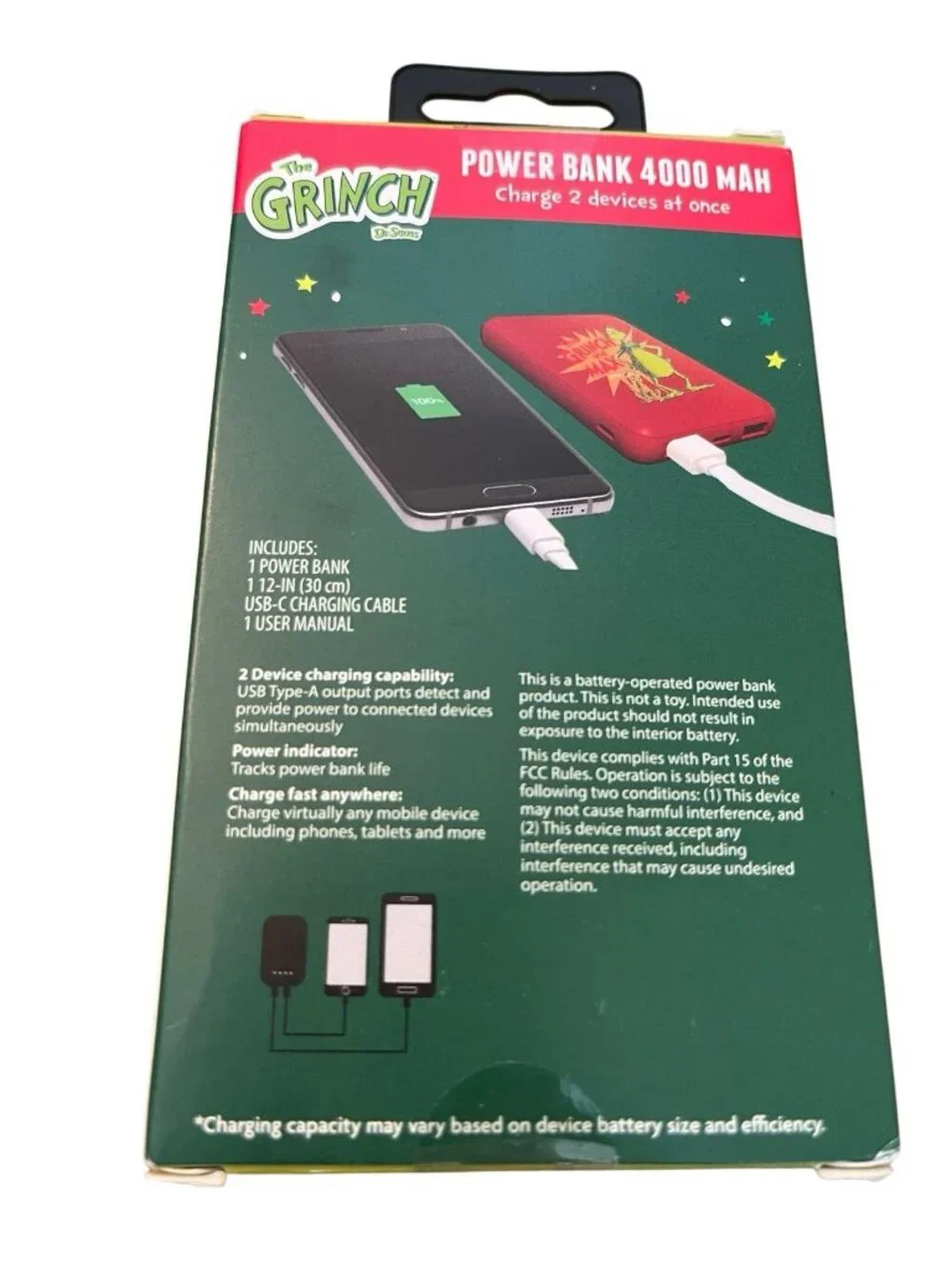 The Grinch And Max Power Bank 4000 Mah Portable Power Bank 3 Ports New 2 at once